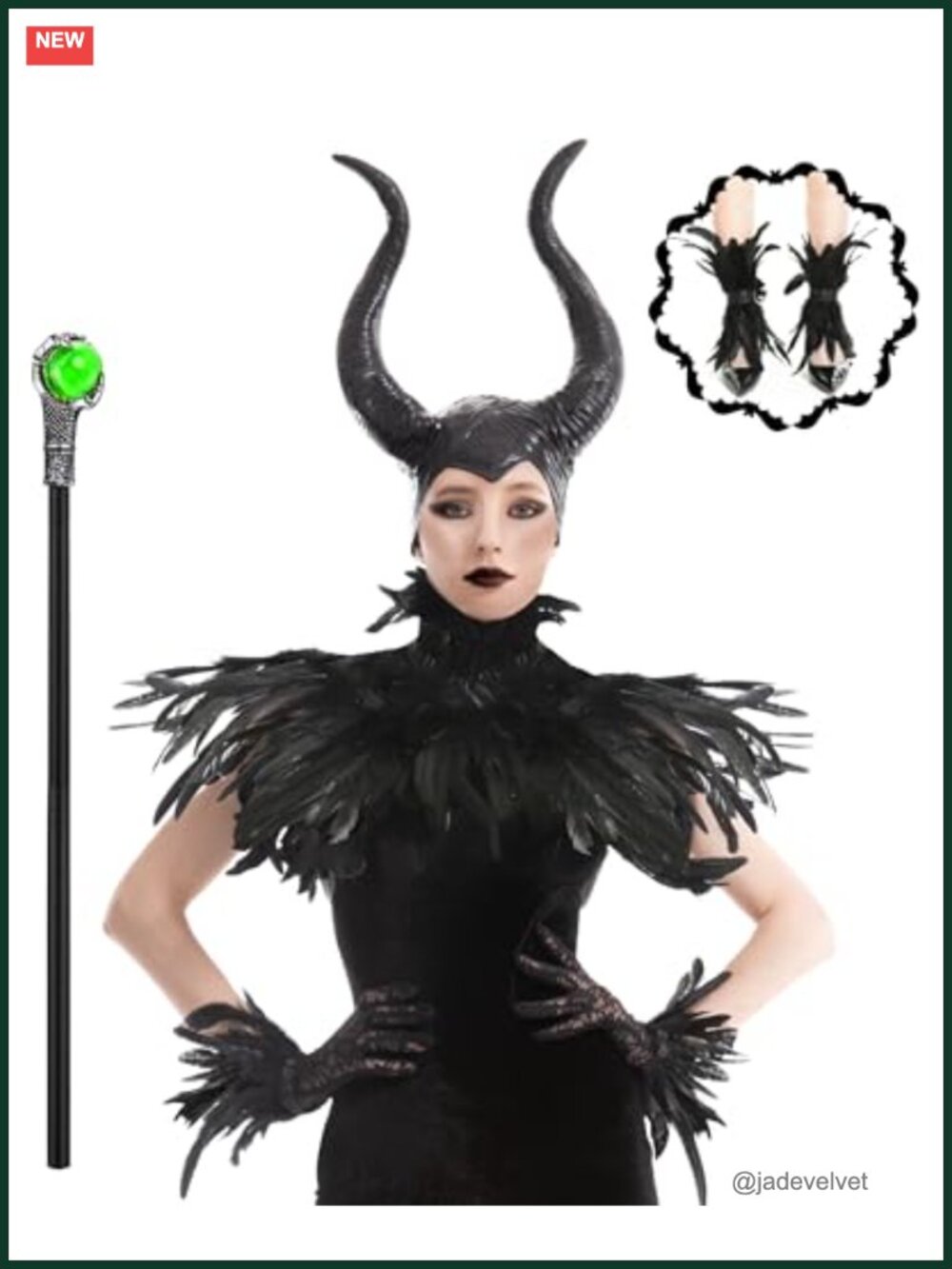 Gothic Black Crow Costume Set Feather Cape Horn Cosplay Halloween